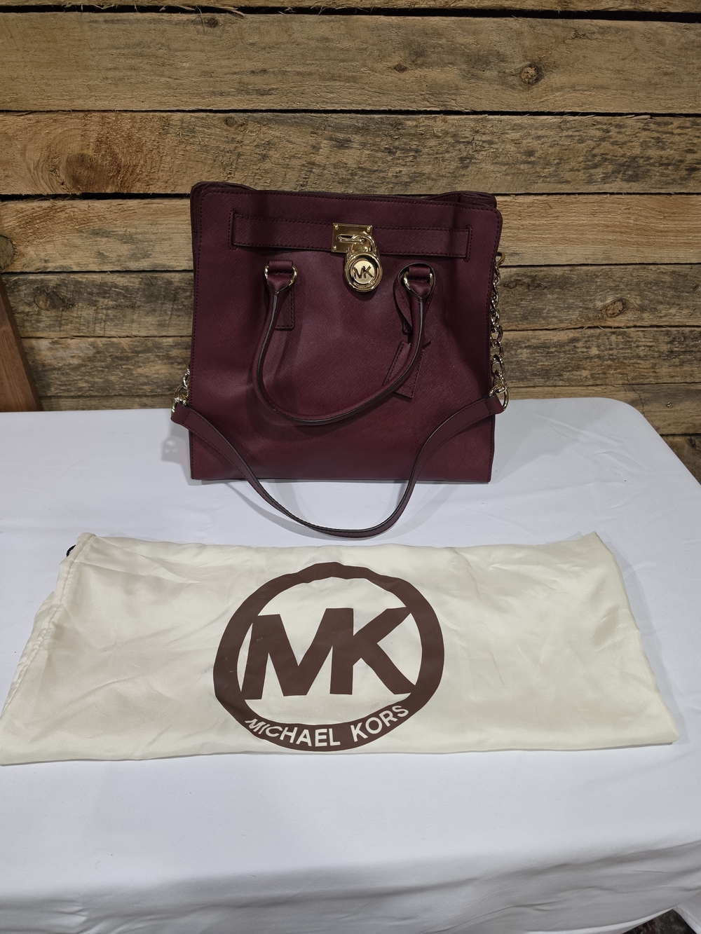 Michael Kors Hamilton Large Burgundy Saffiano Leather Tote Bag with Lock & Dust